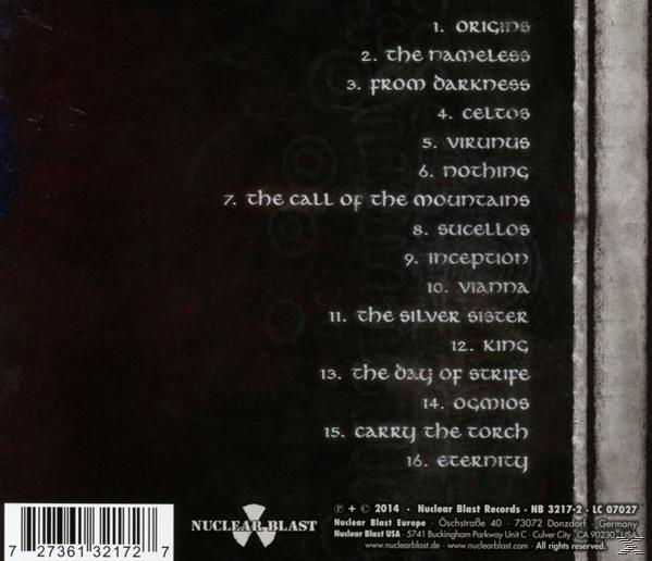 CD-Rückseite mit Titelliste in weißer Schrift auf dunklem Hintergrund. Nuclear Blast Records-Logo sichtbar.