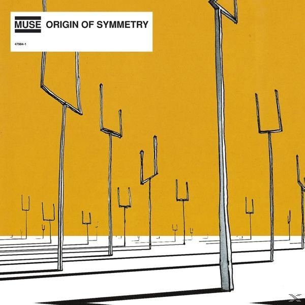 Album borító sárga háttérrel és fehér vonalakkal. A cím: 'Origin of Symmetry'.