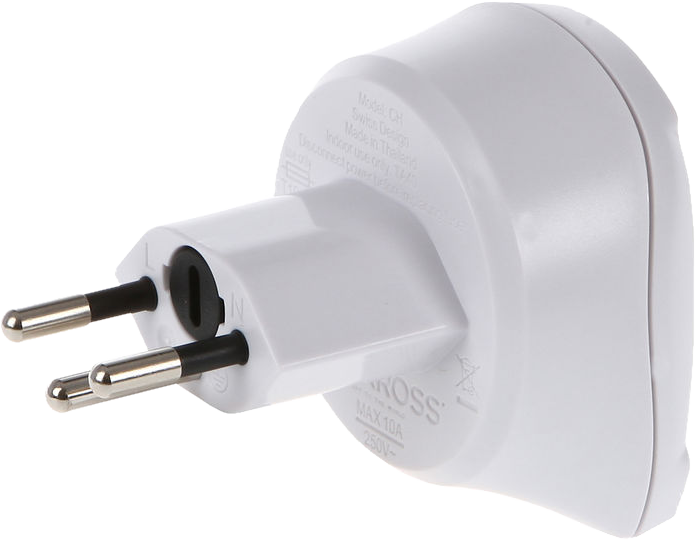 Egy fehér utazóadapter két tüskével. A 'Max 10A 250V' szöveg látható.