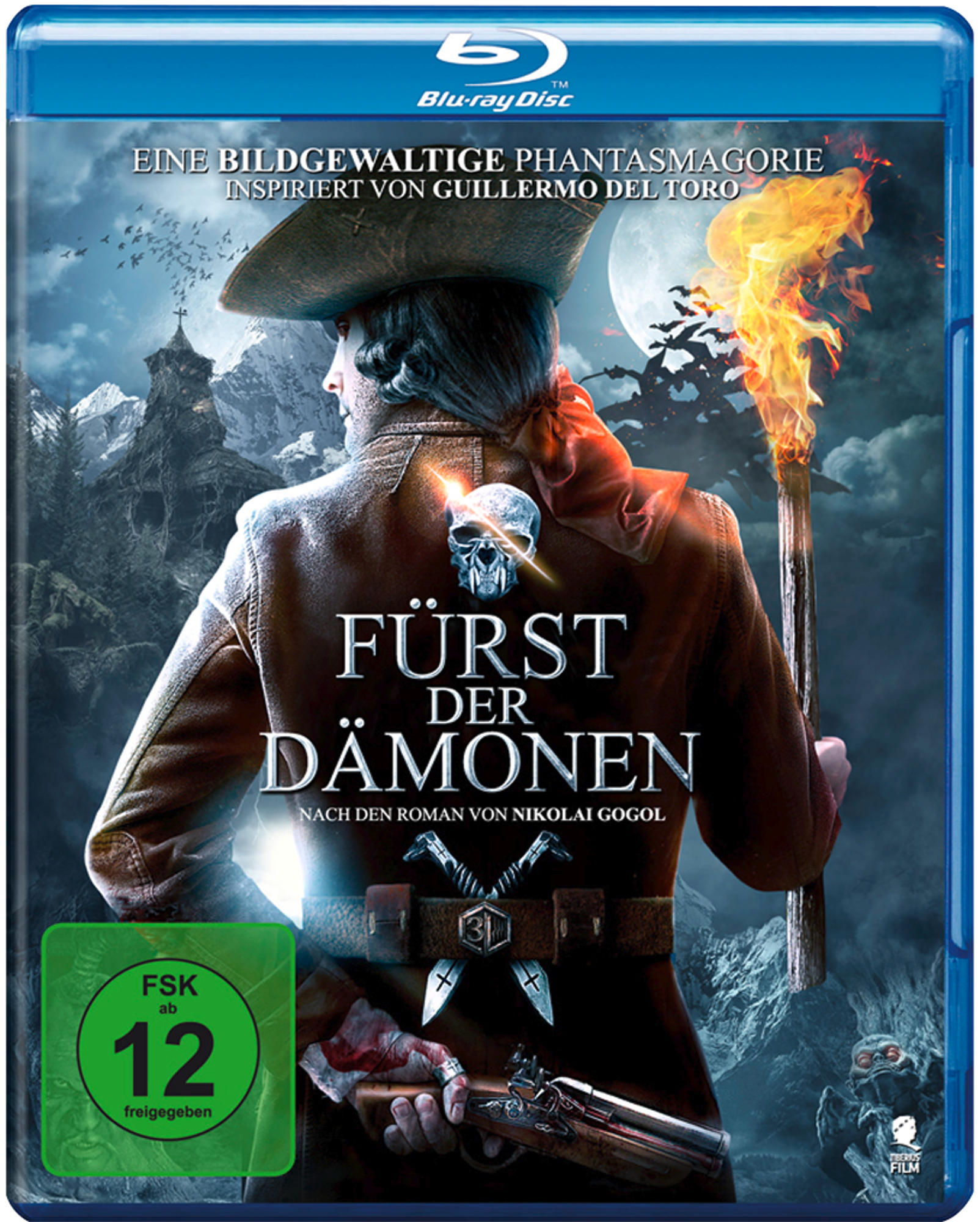 Blu-ray-Disc-Hülle mit einem Mann mit Hut, der eine Fackel hält, mit einem Totenkopf und dem Titel 'Fürst der Dämonen'.
