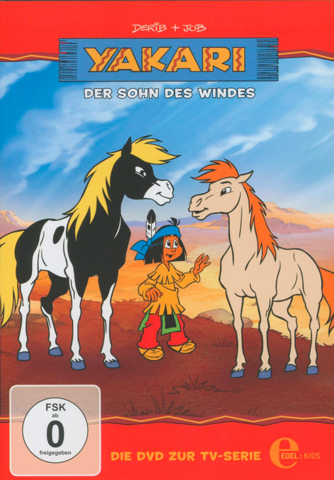 DVD-Cover: Yakari, ein kleiner Junge mit zwei Pferden auf rotem Hintergrund.