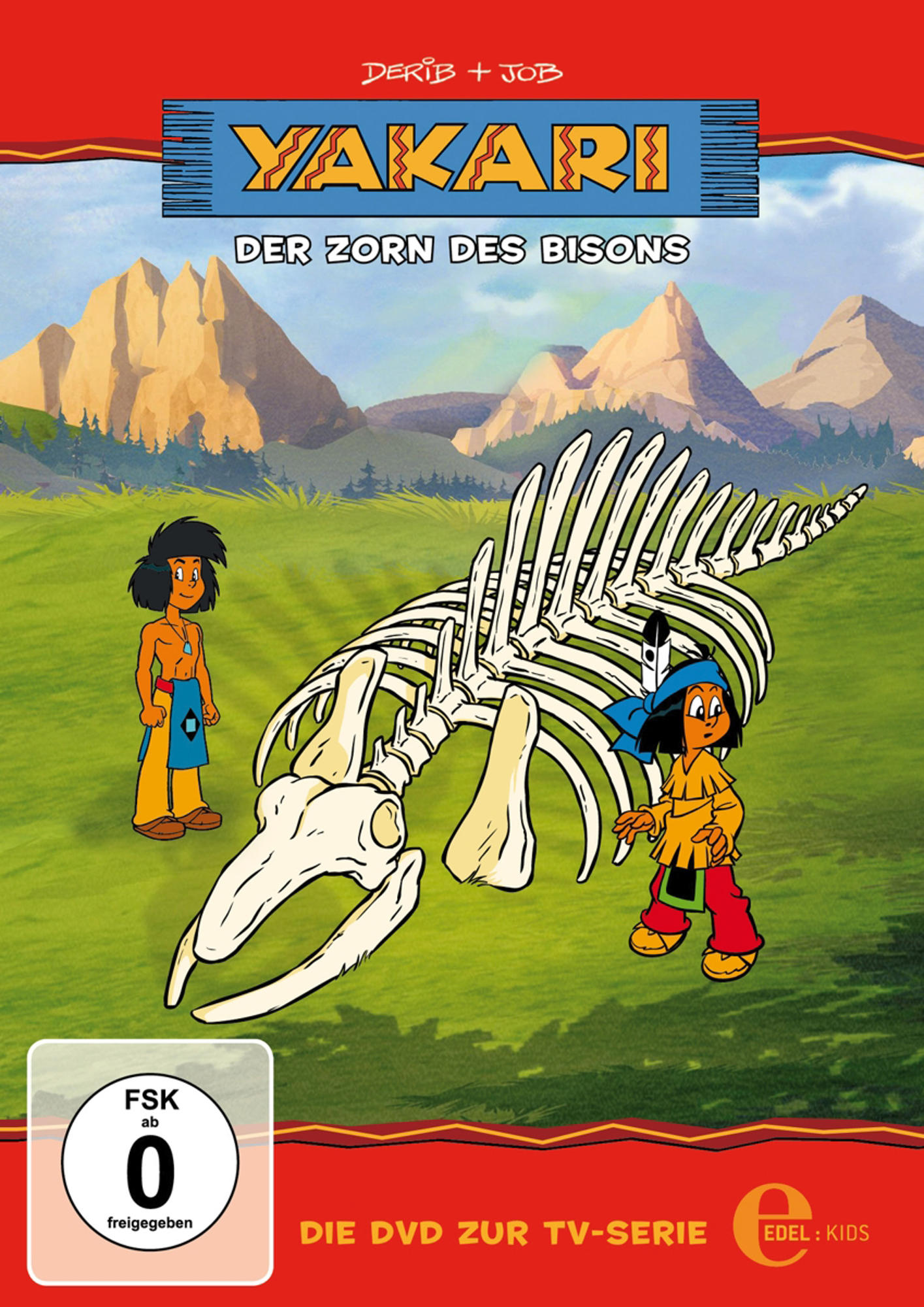 DVD-Cover von Yakari mit einem Cartoonbild eines Jungen und einem Bison-Skelett.