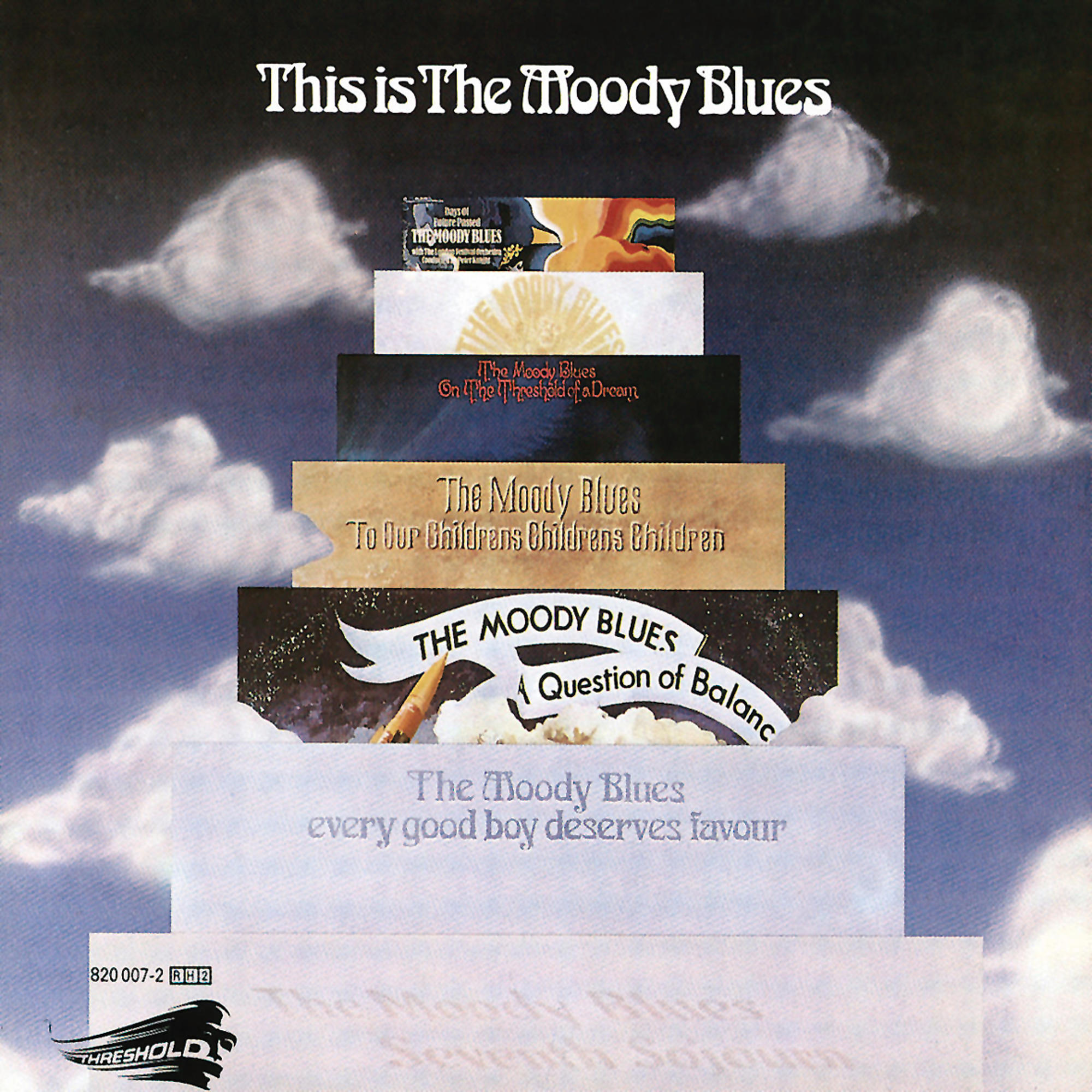 A Moody Blues album borítója albumcímekkel és felhőkkel. A kép vintage hangulatú.