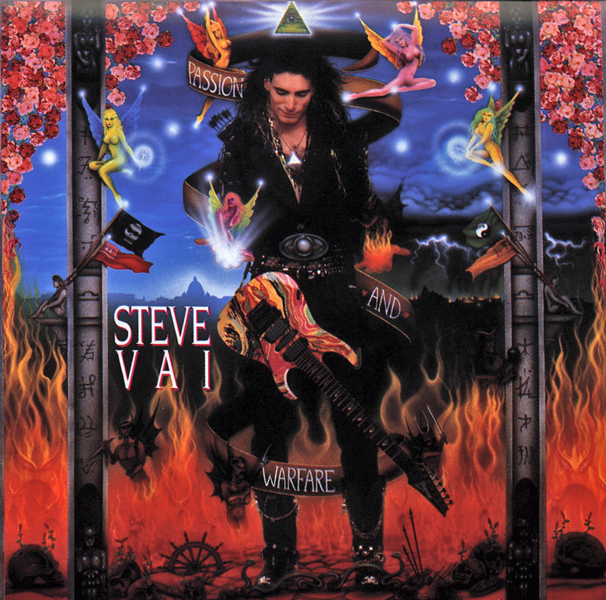 Albumcover mit Steve Vai. Enthält Feen, Flammen, Gitarre und die Worte 'Passion and Warfare'.