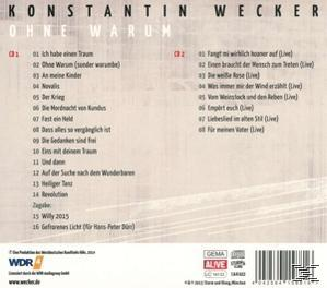 Rückseite einer CD mit Songtiteln. Text: Konstantin Wecker, Ohne Warum. Weißer Hintergrund, Songliste.