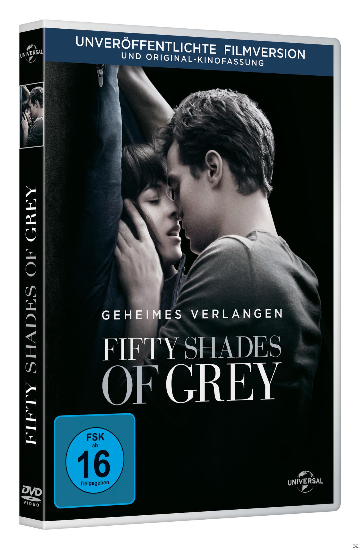 DVD-Cover: Paar umarmt sich, Titel "Fifty Shades of Grey".
