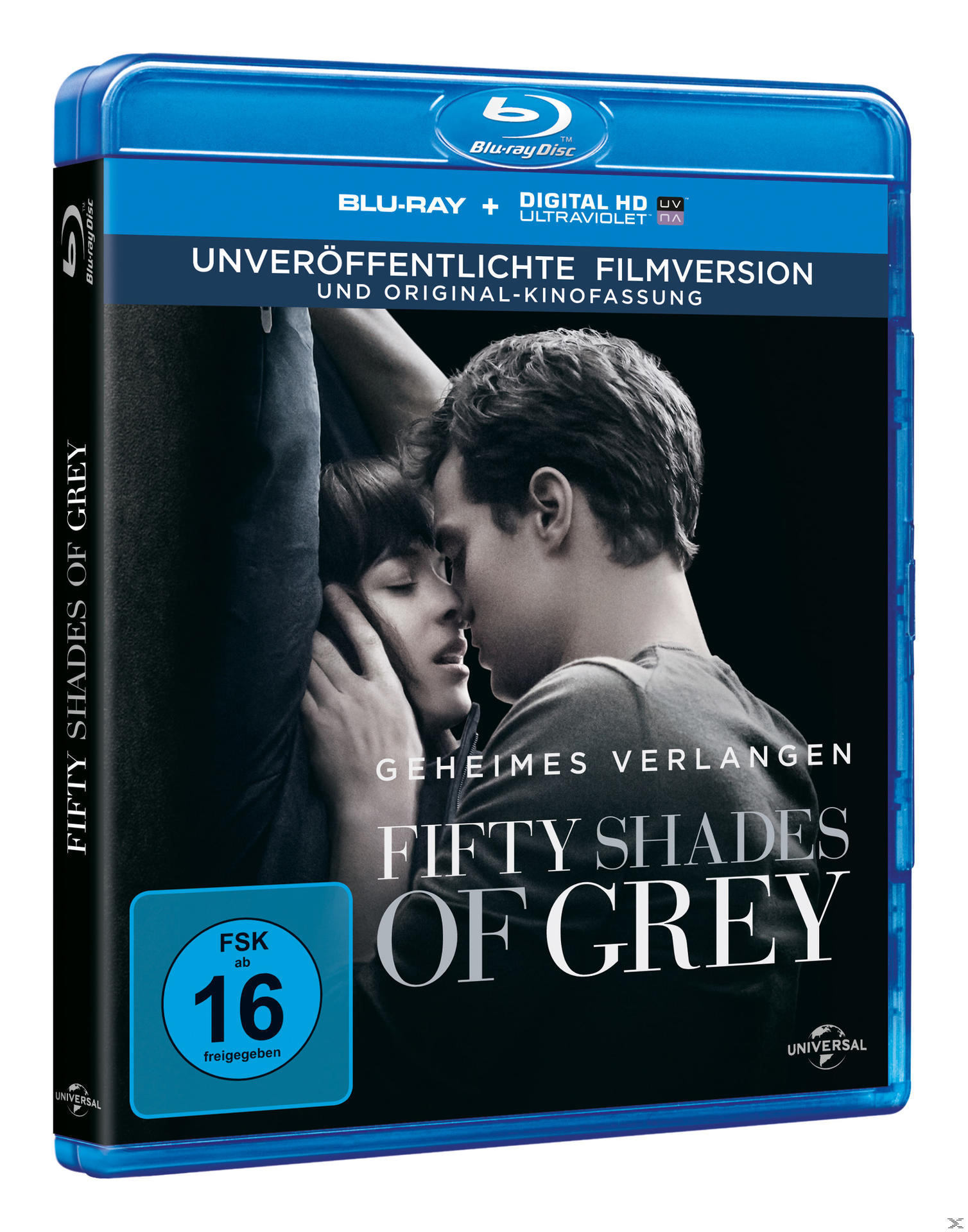 Blu-ray-Hülle für 'Fifty Shades of Grey' mit einem Paar in leidenschaftlicher Umarmung.