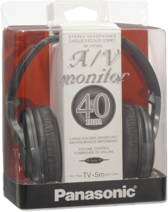 Csomagolt sztereó fejhallgató, fekete, nagy fülkagylókkal, 'A/V monitor' felirattal a dobozon.