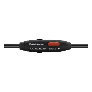 Fekete Panasonic kábeles távirányító hangerő, némítás és lejátszás/szünet gombokkal.