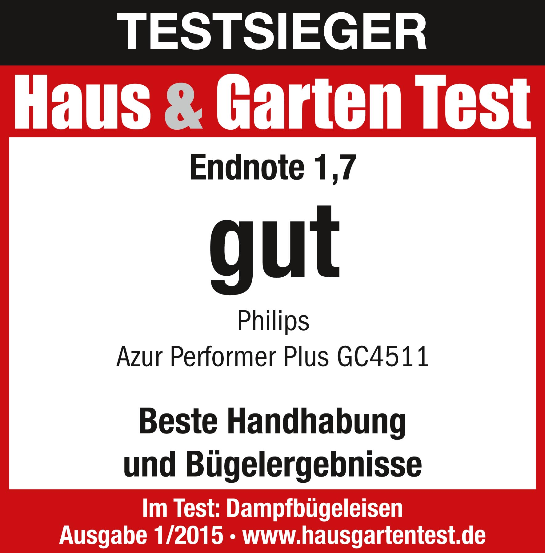 Haus & Garten Test Logo mit 'gut' Ergebnis für Philips Azur Performer Plus GC4511.