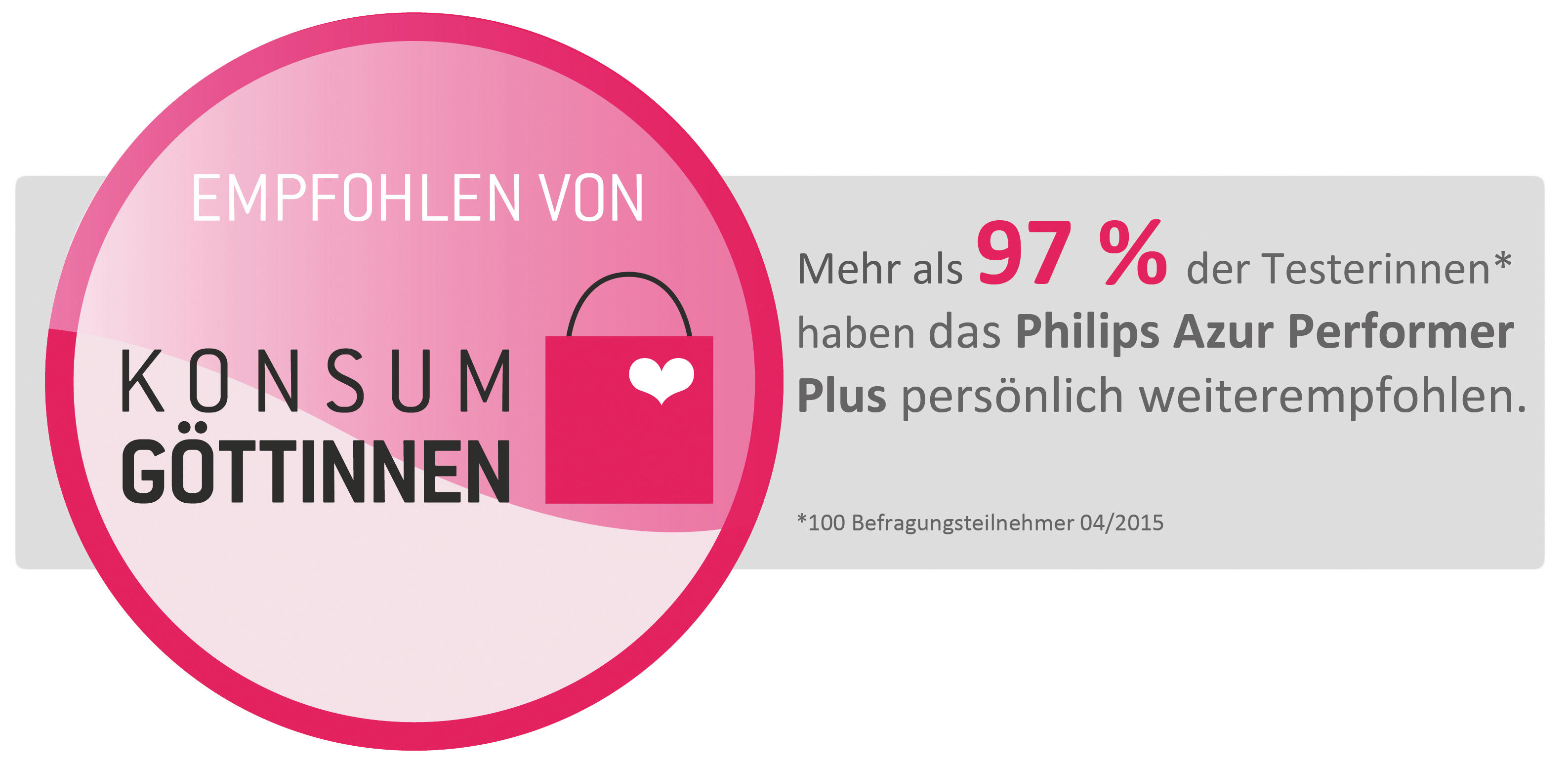 Pinkfarbene Auszeichnung von Konsum Göttinnen mit Text und Einkaufstaschen-Symbol.
