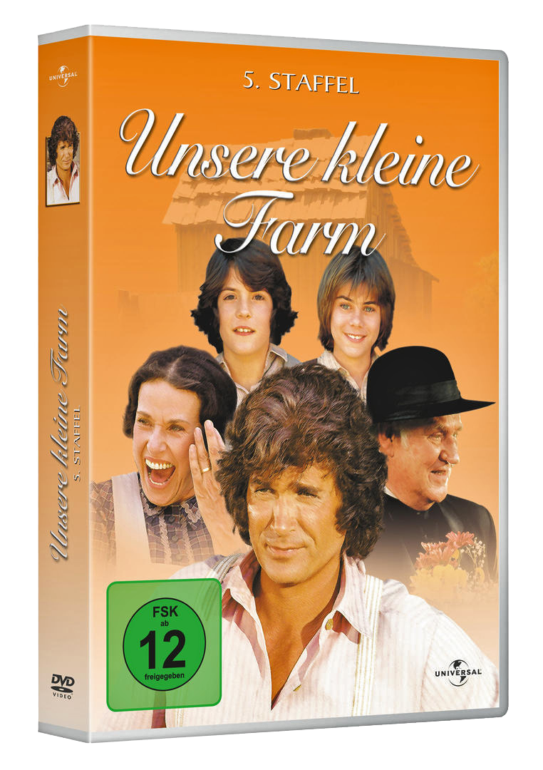 DVD-Cover: Unsere kleine Farm. Enthält mehrere Schauspieler, Logo und Titel. Oranger Hintergrund.