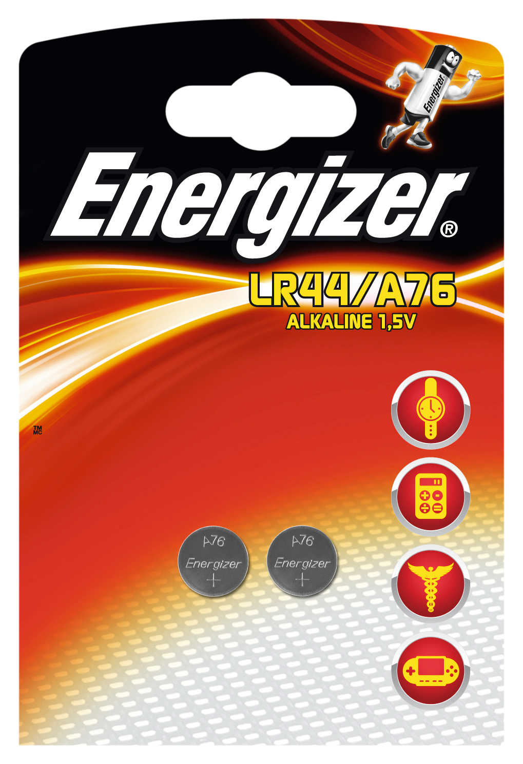 Energizer-Batteriepackung. Schwarzer und roter Hintergrund. Zwei Knopfbatterien unten. Symbole von Uhr, Taschenrechner und Spielkonsole.