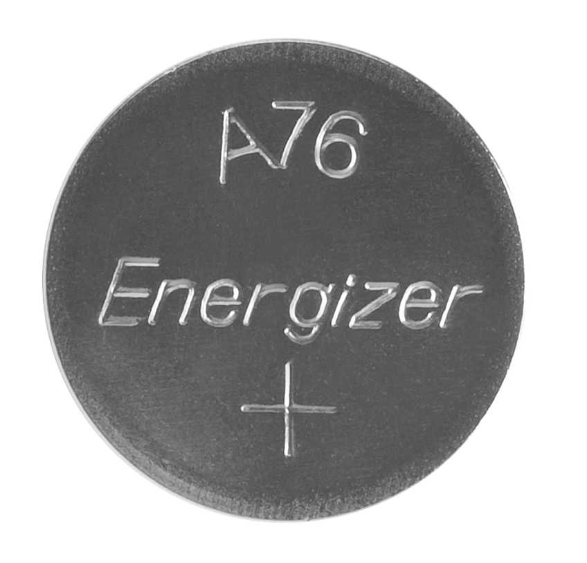 Nahaufnahme einer silbernen Energizer A76 Batterie mit Text oben und einem Pluszeichen unten.