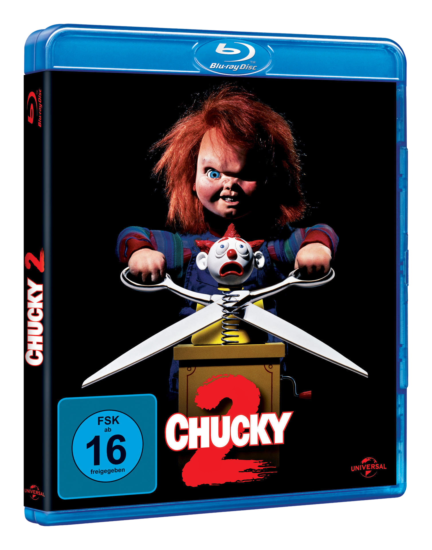 Blu-ray-Cover des Films Chucky 2. Chucky-Puppe mit Clown und Schere auf schwarzem Hintergrund.