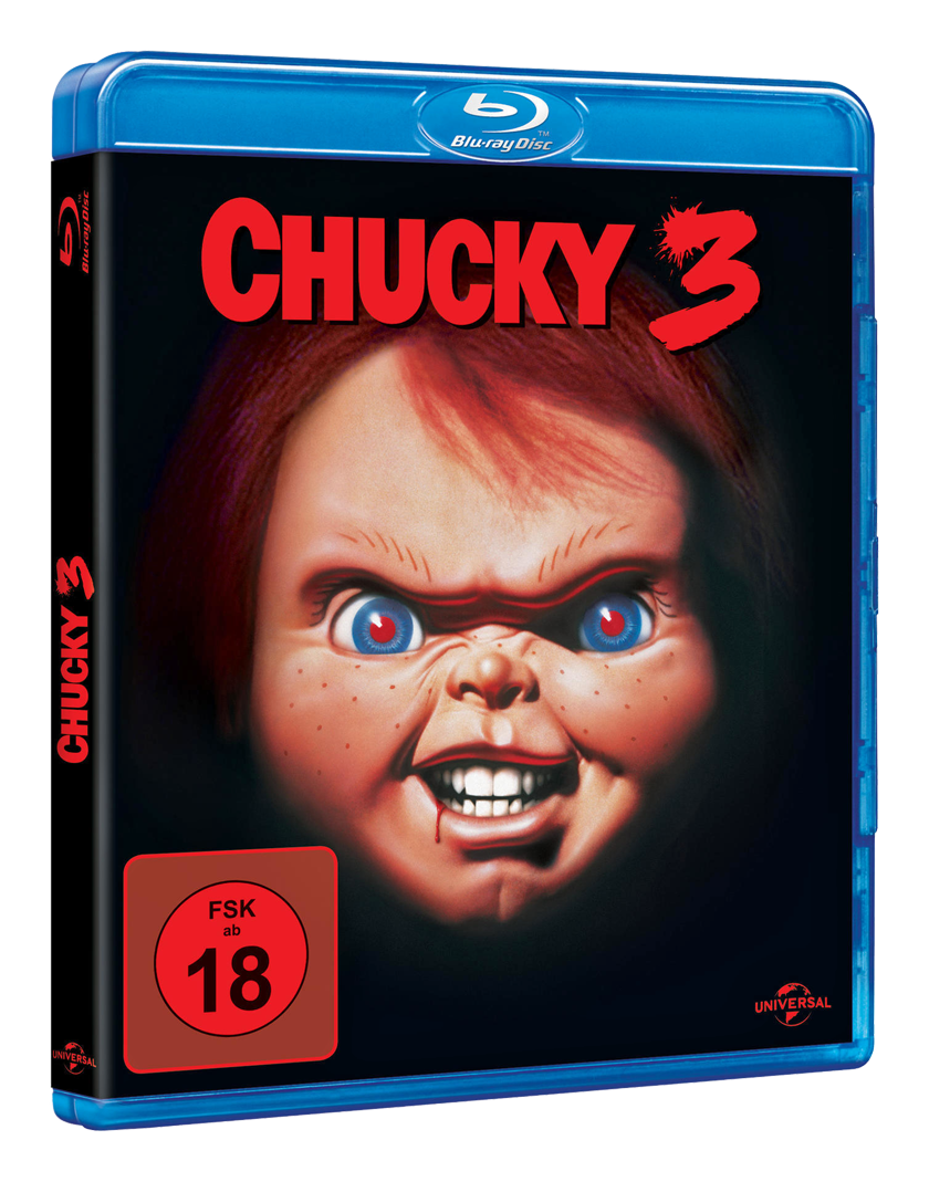Blu-ray-Cover für "Chucky 3" mit einer Nahaufnahme von Chuckys Gesicht.