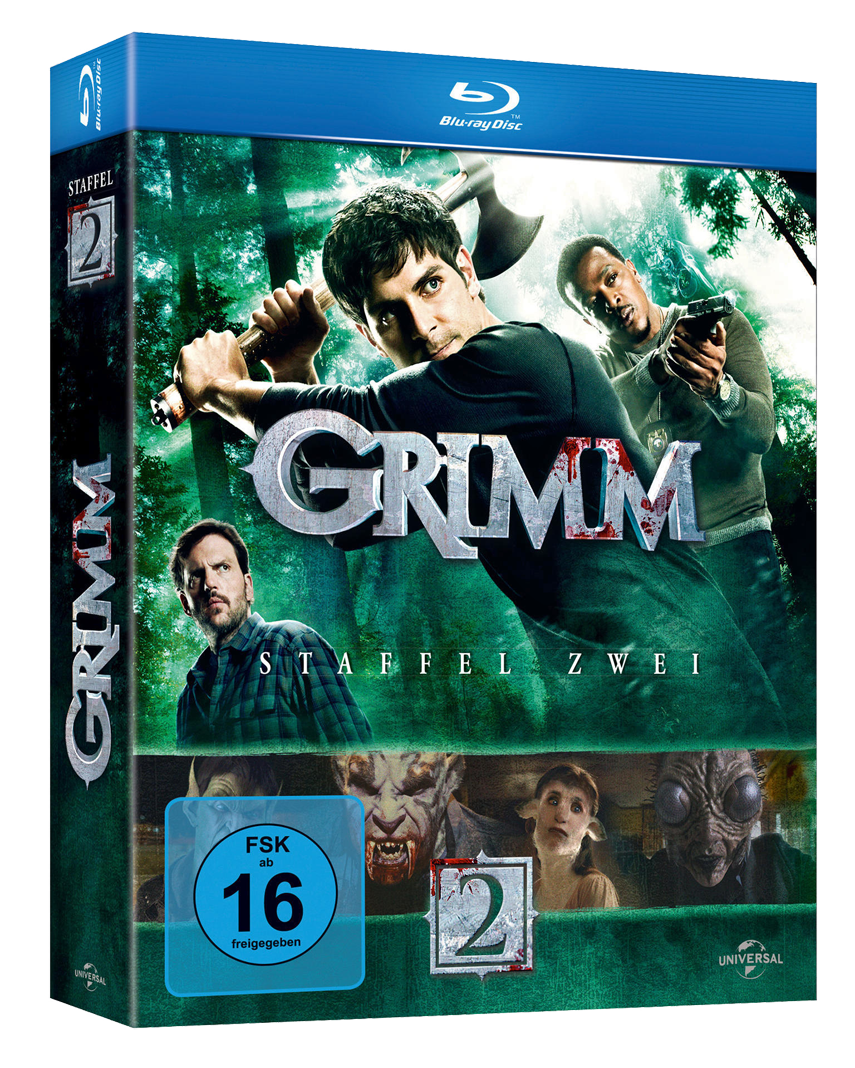 DVD-Cover: Grimm, Staffel 2, mit Schauspielern, die Waffen in einer Waldszene halten.