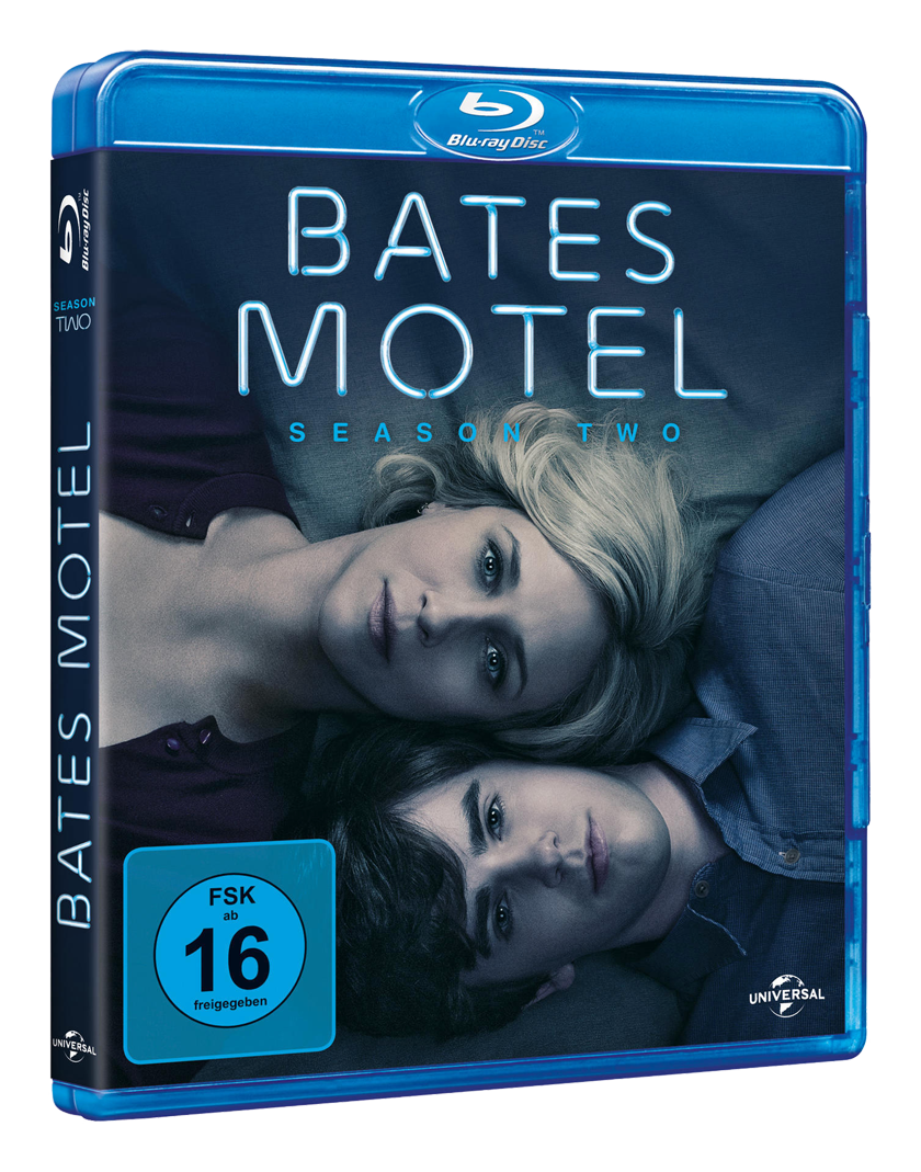 Bates Motel Season Two Blu-ray Cover. Zwei Personen liegen, Altersempfehlung ab 16 Jahren.