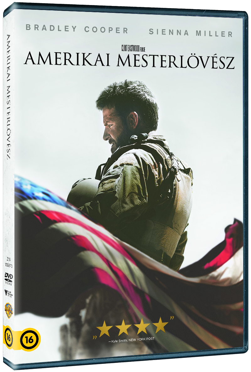 Az Amerikai mesterlövész DVD-borítója. Bradley Cooper egyenruhában, az amerikai zászlóval. Szöveg: Amerikai mesterlövész.