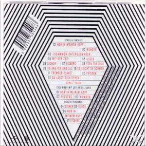 Rückseite einer CD. Schwarz-weiß geometrisches Design mit Barcode und Songtiteln.
