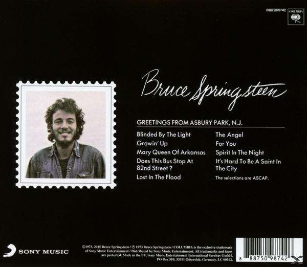 Rückseite eines Bruce Springsteen Albums. Zeigt ein Foto, Songliste und Text vor schwarzem Hintergrund.