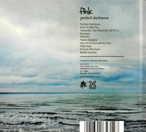 Albumcover mit Meerblick, Text 'fink perfect darkness' und Songtiteln.