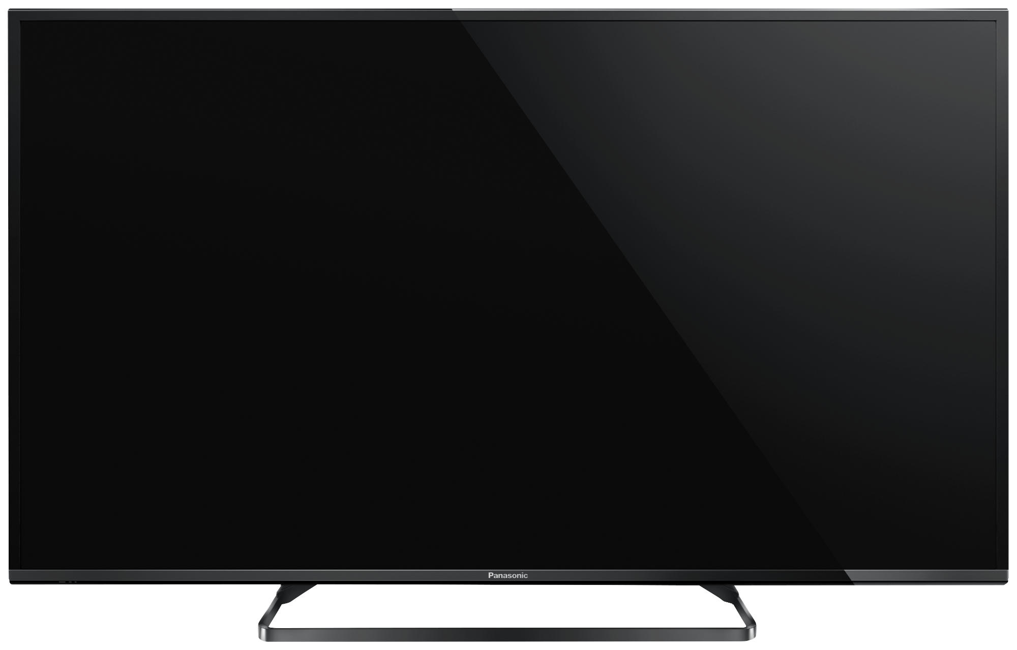 Un televisor de pantalla plana grande con pantalla negra y soporte plateado.