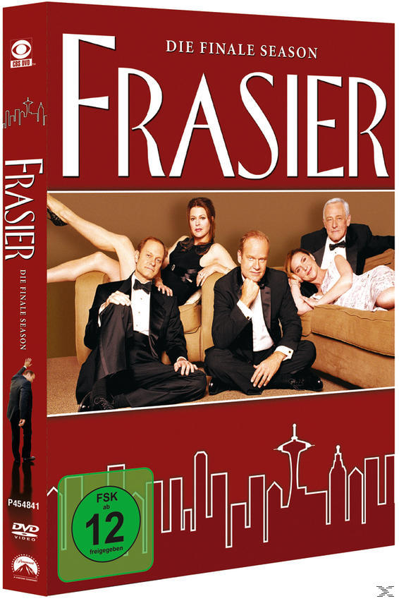 Frasier DVD-Cover. Darsteller in Abendgarderobe posieren auf einem Sofa, mit roter Skyline und DVD-Details.
