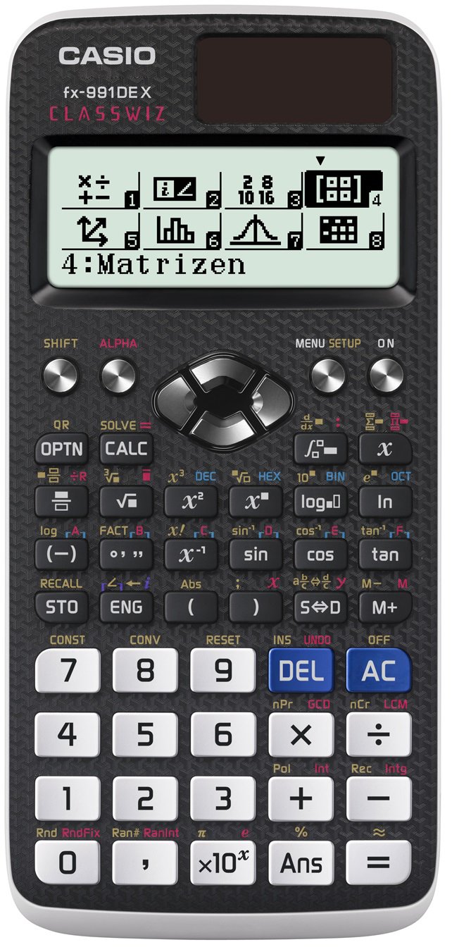 Casio fx-991DEX Taschenrechner. Schwarz mit weißen Tasten. Zeigt mathematische Symbole und Zahlen.
