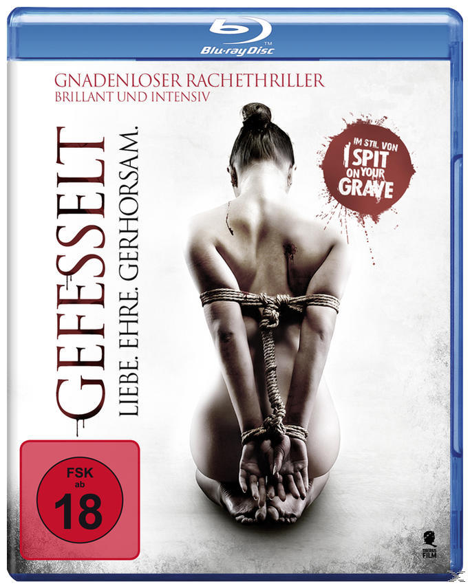 Blu-ray-Filmcover: Gefesselte Frau auf Knien, mit Text 'Gefesselt' und Logo 'I Spit on Your Grave'.