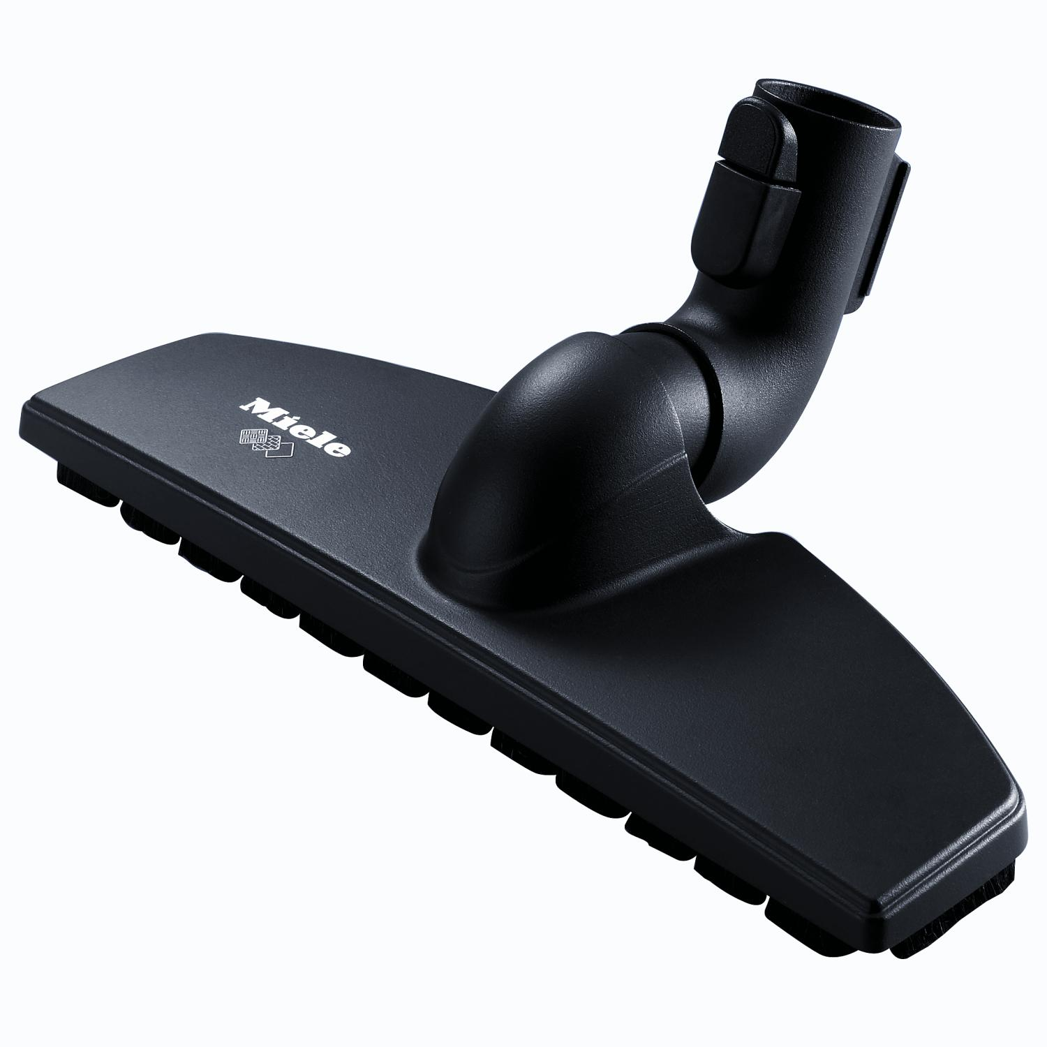 Schwarzer Miele Staubsaugerkopf mit Logo, abgewinkeltem Design und schwarzen Gummistreifen an der Unterseite, isoliert auf Weiß.