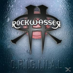 Logo mit 'ROCKWASSER' in Weiß über 'O.R.I.G.I.N.A.L.' auf blauem Wassereffekt.