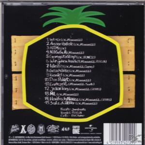 CD-Rückseite mit Trackliste auf einem ananasförmigen Hintergrund. Der Albumtitel ist auf Deutsch.