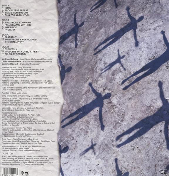 Achterkant van het album. Silhouetten en songteksten. Tekst: Kant A, Kant B, Kant C, Kant D. Streepjescode onderaan.