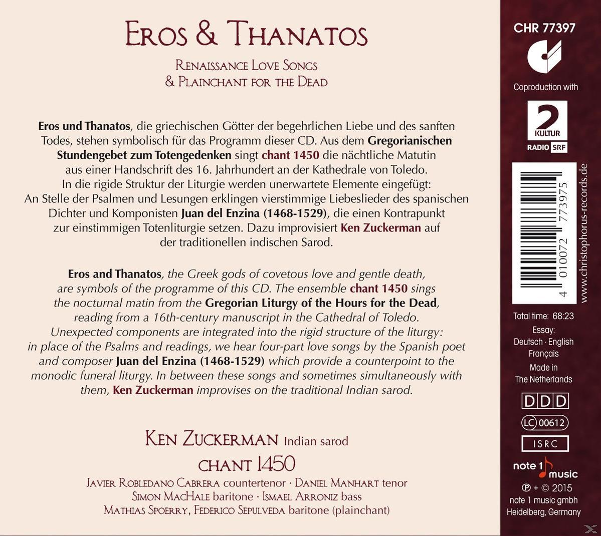 CD-Cover. Text auf Deutsch über Eros und Thanatos. Text enthält die Wörter: Ken Zuckerman, chant 1450.