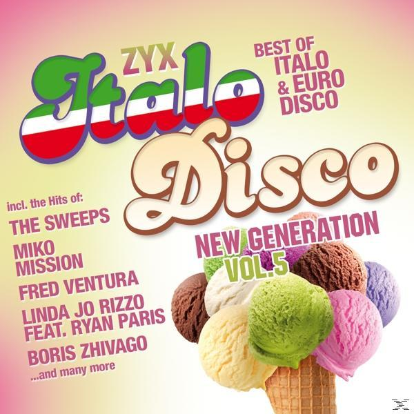 CD-Cover: ZYX Italo Disco, Vol. 5. Eiswaffel mit Kugeln. Bunt und lebendig.