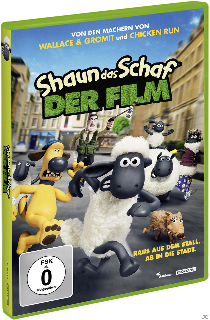 Filmcover: Shaun das Schaf Der Film DVD Cover mit Zeichentrickschafen und Stadtszene.