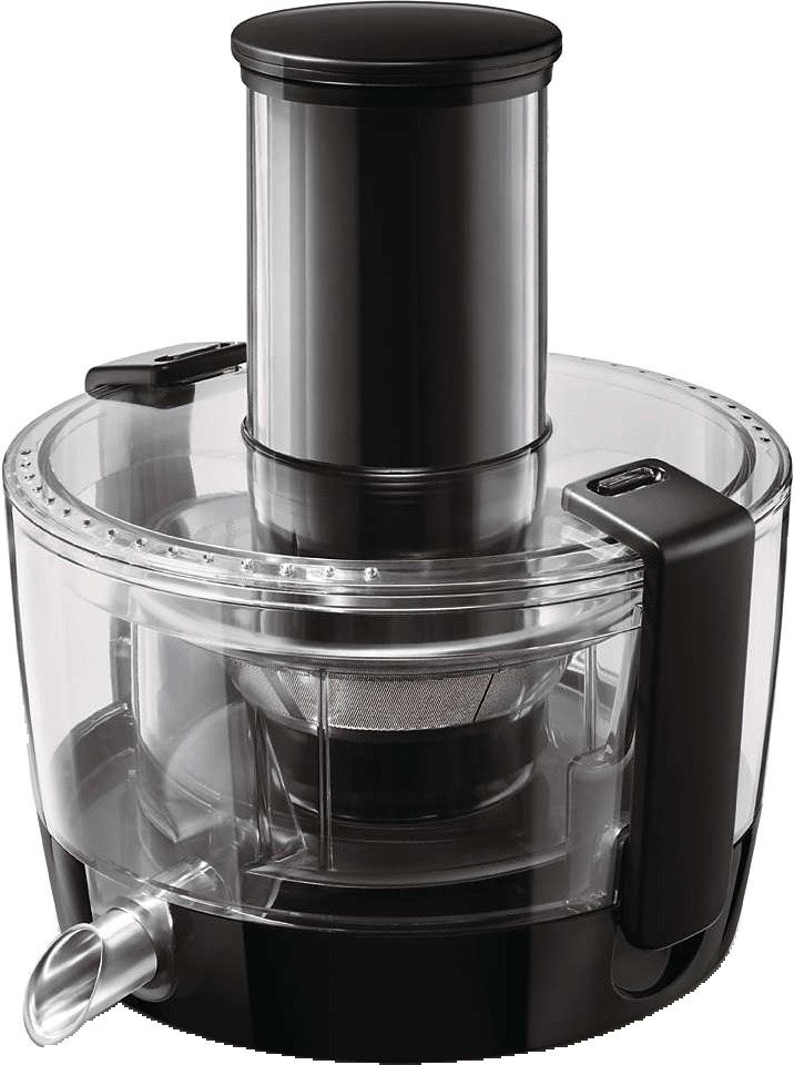 Zwarte en transparante juicer met een zwart bovenstuk. De voorkant heeft een zilveren mondstuk.