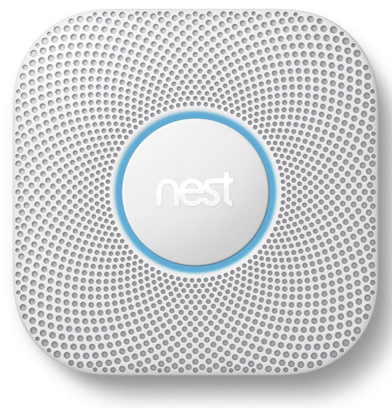 Witte Nest rookmelder met een blauwe lichtring en het Nest-logo. Geperforeerd oppervlak.