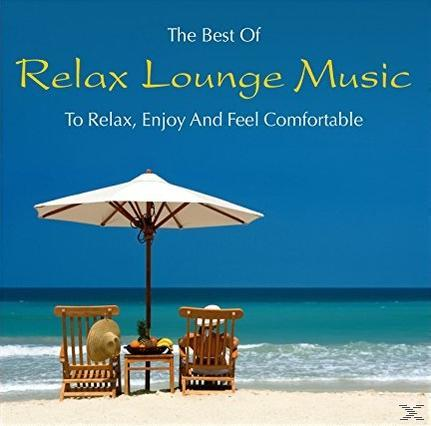 Strandszene, Stühle und Sonnenschirm, Ozean und Himmel. Text: Relax Lounge Music.