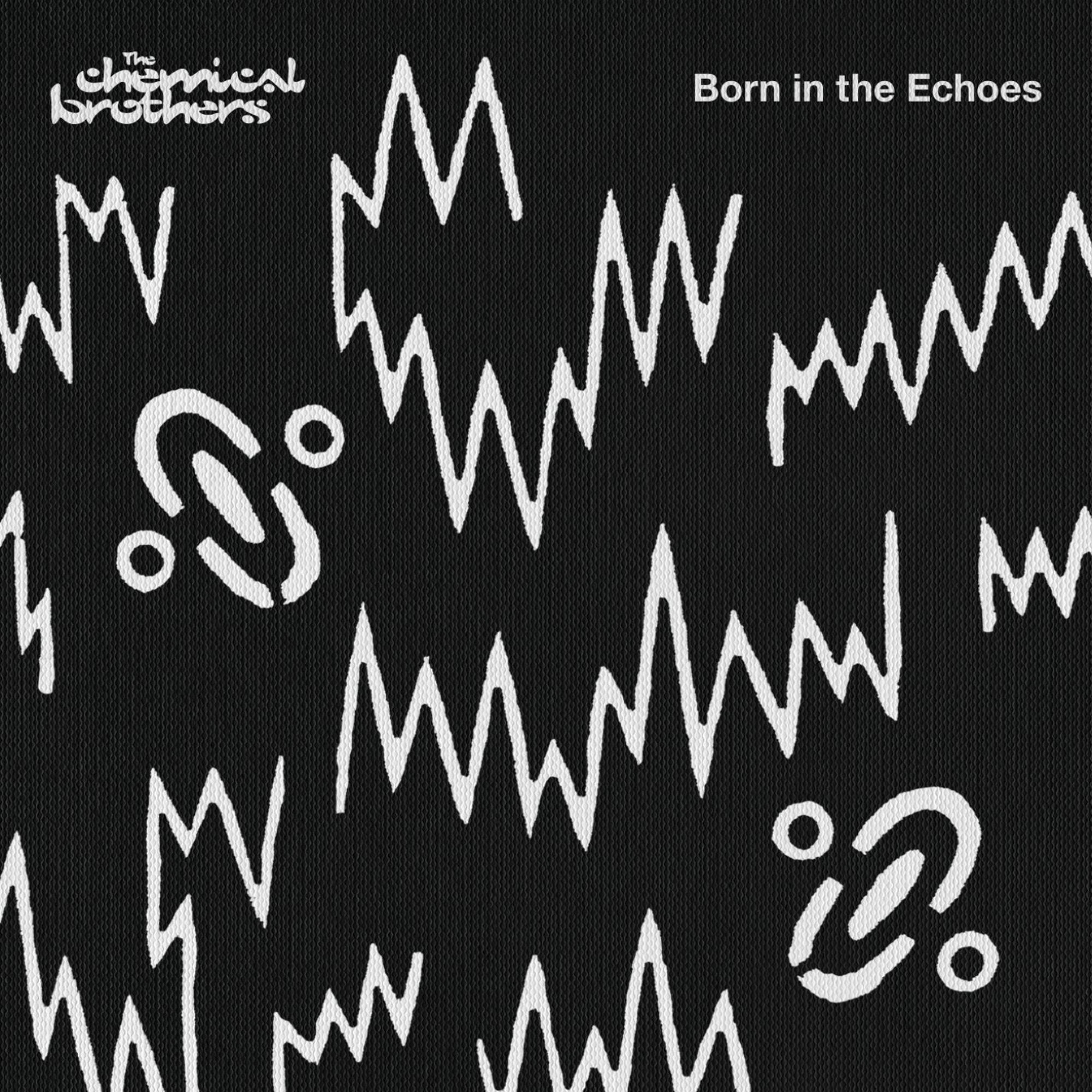 The Chemical Brothers Albumcover, abstraktes Design mit weißen Linien und Formen auf Schwarz.