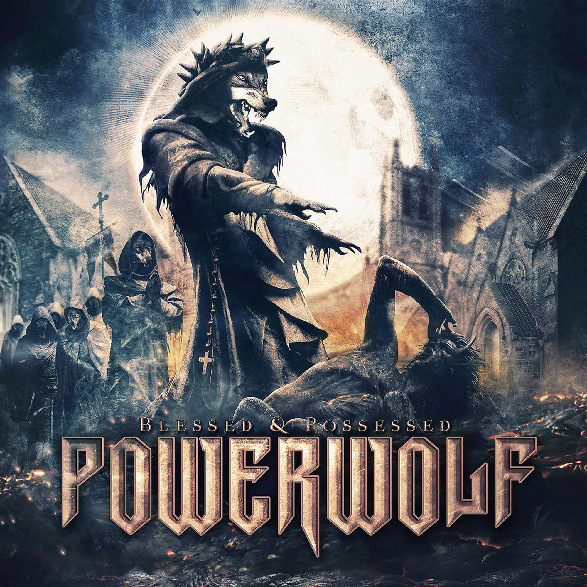 Heavy-Metal-Albumcover mit einer wolfsartigen Figur, einer gefallenen Person und einem Mondhintergrund.
