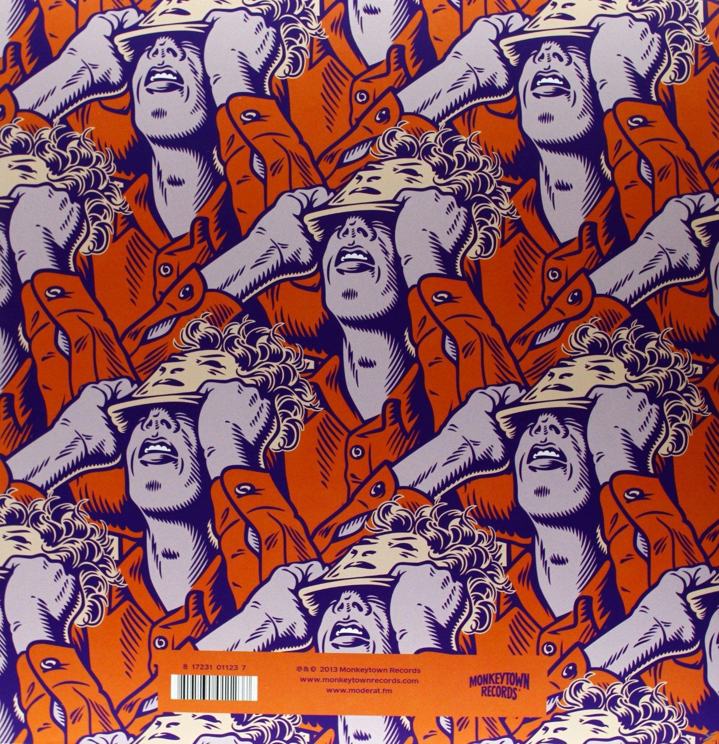 Albumcover mit orange-violettem Muster. Menschen halten ihre Hände hoch.