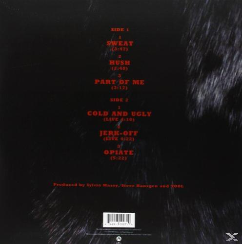 Az album hátlapja piros számlistával. Sötét háttér elmosódott, texturált dizájnnal.