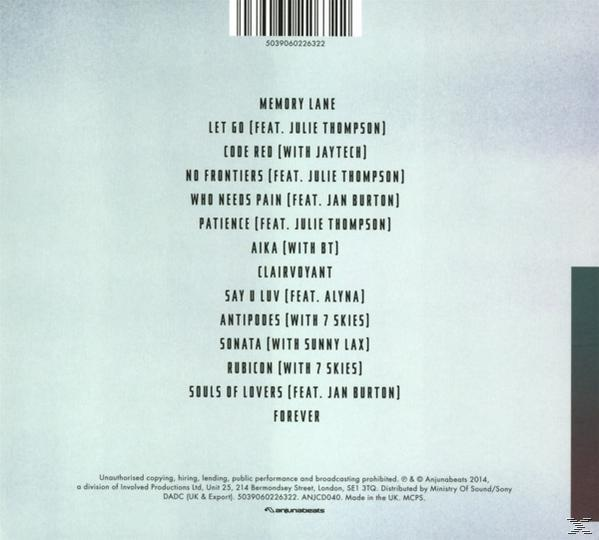 Album-Rückseite mit einer Titelliste. Der Hintergrund ist hellblau mit Texten und einem Barcode.