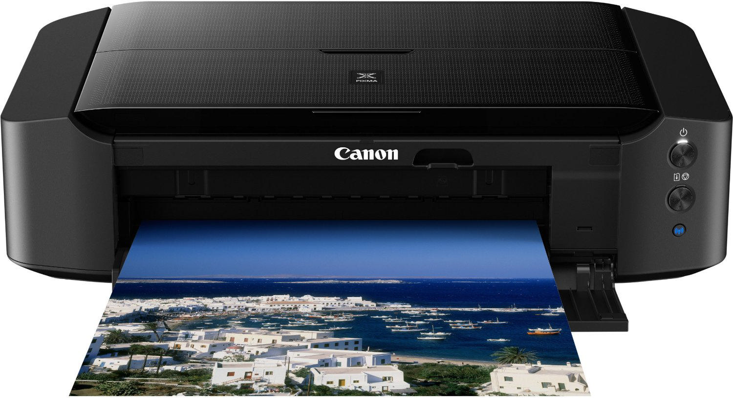 Siyah Canon yazıcı renkli bir resim yazdırıyor. Resimde bir kıyı sahnesi yer alıyor.
