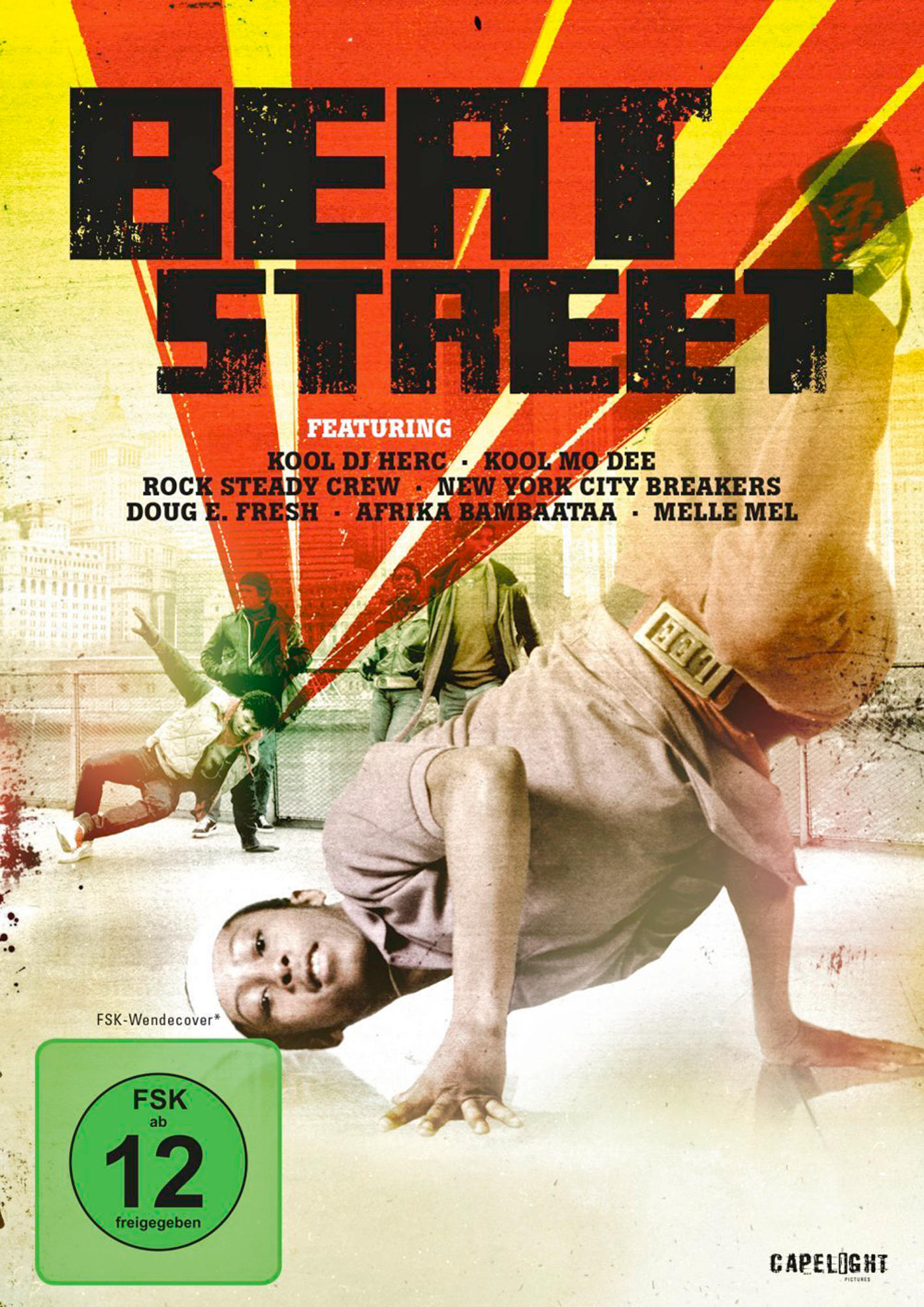 DVD-Cover: Beat Street mit Breakdancern. Im Hintergrund eine Skyline und ein rot-gelbes Muster.