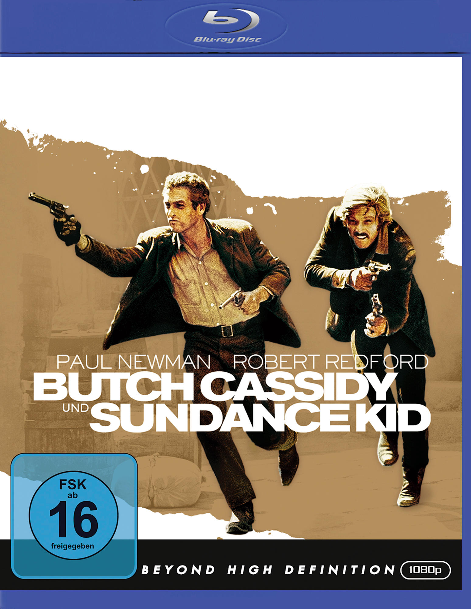Blu-ray-Disc-Cover von 'Butch Cassidy and the Sundance Kid'. Zwei Männer mit Waffen rennen in einer Wüste.