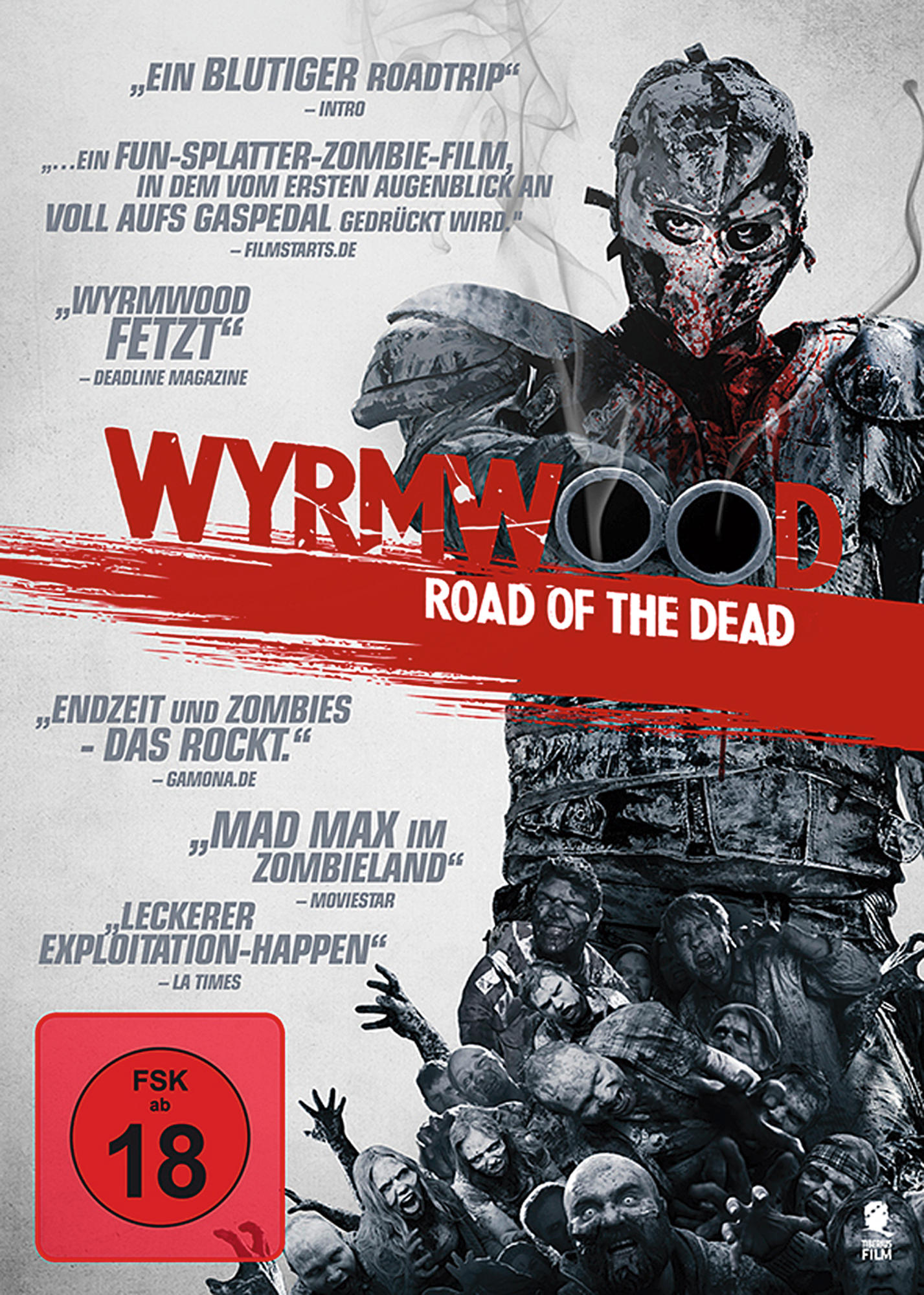 Filmplakat: Zombie-Film. Ein zombieartiger Mann mit einer Waffe. Text: WYRMWOOD ROAD OF THE DEAD.