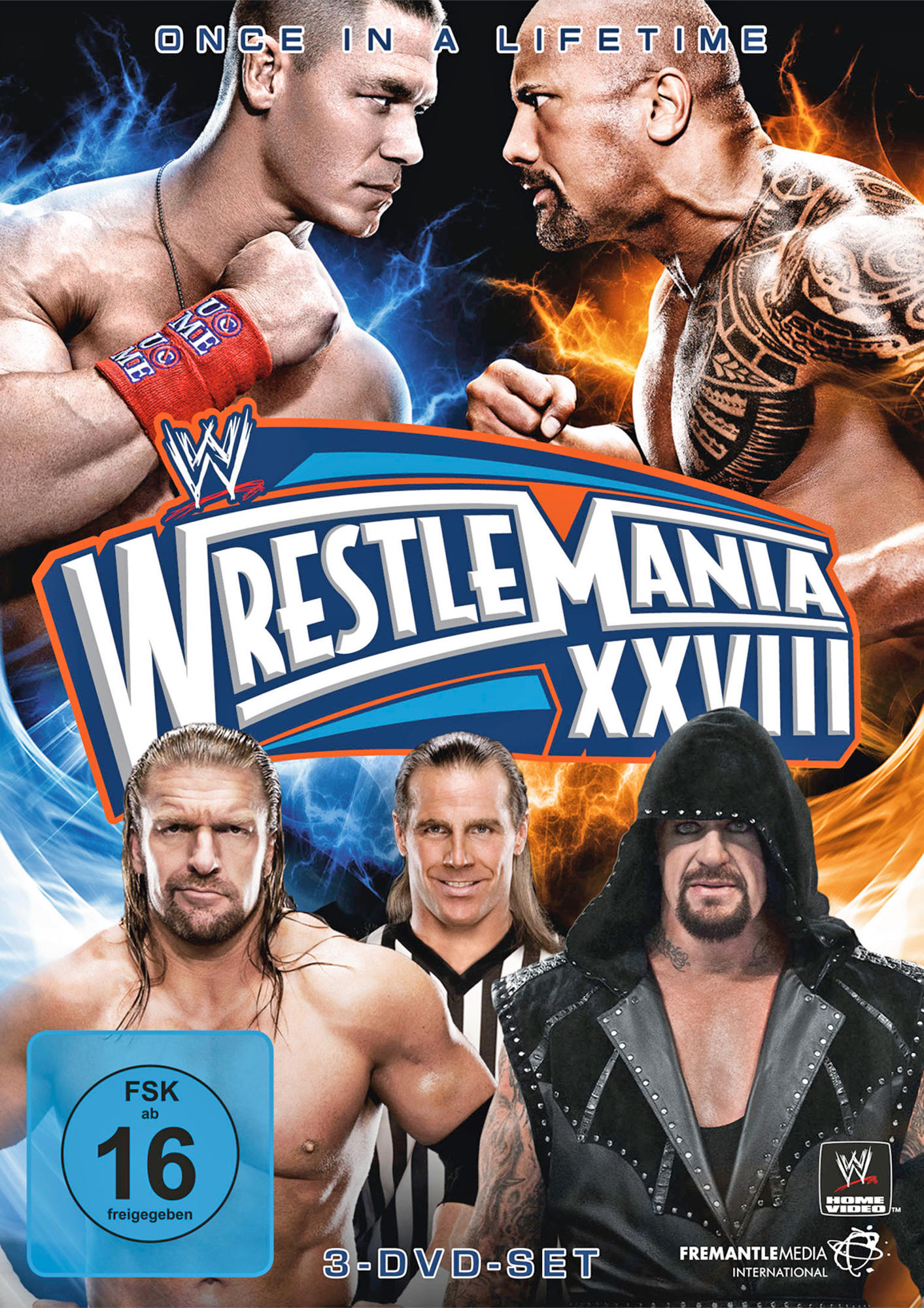 Wrestlemania DVD-Cover mit John Cena, The Rock, Triple H, Shawn Michaels und The Undertaker.